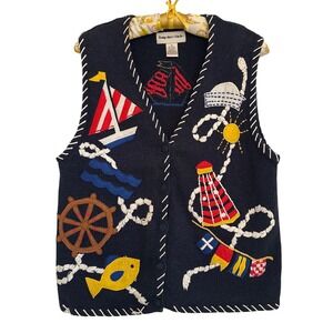 Vintage 90s Nautical Sailboat Cardigan Sweater Vest Women's M Ramie Cotton Blend